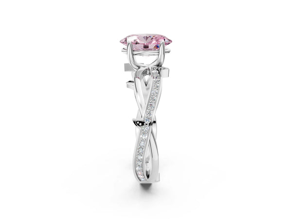 Platinum Fancy Pink Oval  Solitaire Twist Band with Pavé Accents and Four-Prong Setting
