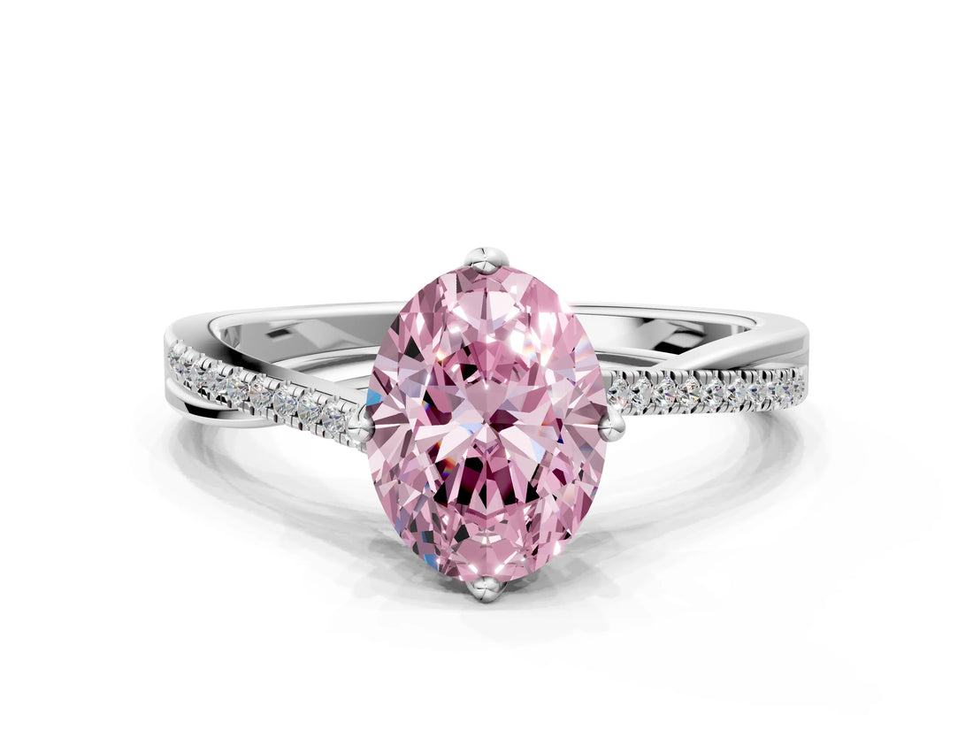 White gold Fancy Pink Oval  Solitaire Twist Band with Pavé Diamonds and Four-Prong Setting_95