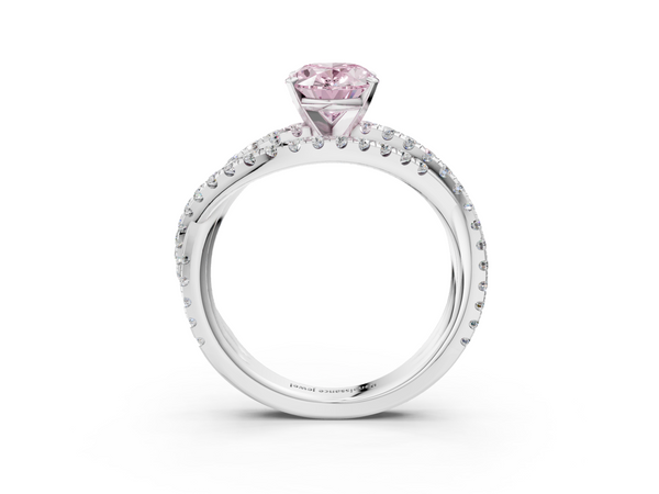 White gold Fancy Pink Oval  Solitaire Twist Band with Pavé Setting and Four-Prong Setting