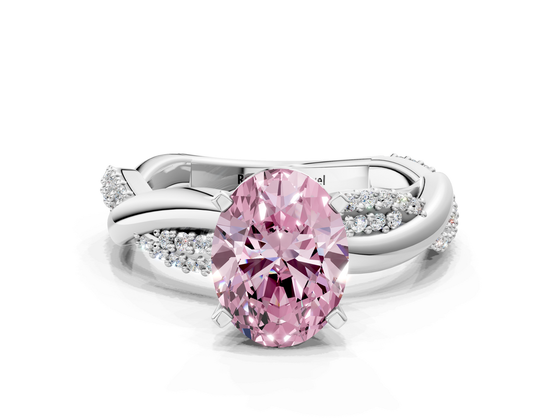 White gold Fancy Pink Oval  Solitaire Twist Band with Pave Prong Setting_64