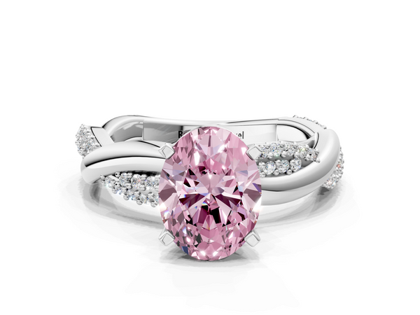 White gold Fancy Pink Oval  Solitaire Twist Band with Pave Prong Setting