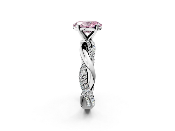 White gold Fancy Pink Oval  Solitaire Twist Band with Pave Prong Setting
