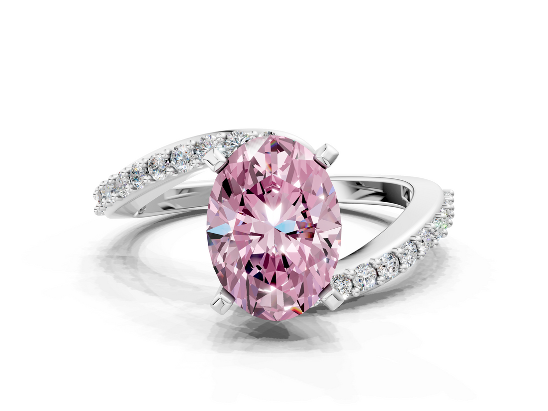 White gold Fancy Pink Oval  Solitaire Twist Band with Pave Set Diamonds and Four-Prong Setting_142