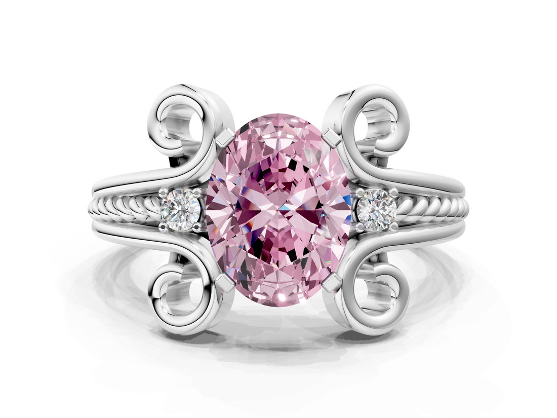 White gold Fancy Pink Oval  Solitaire Twisted Band Scroll Prong Ring_3