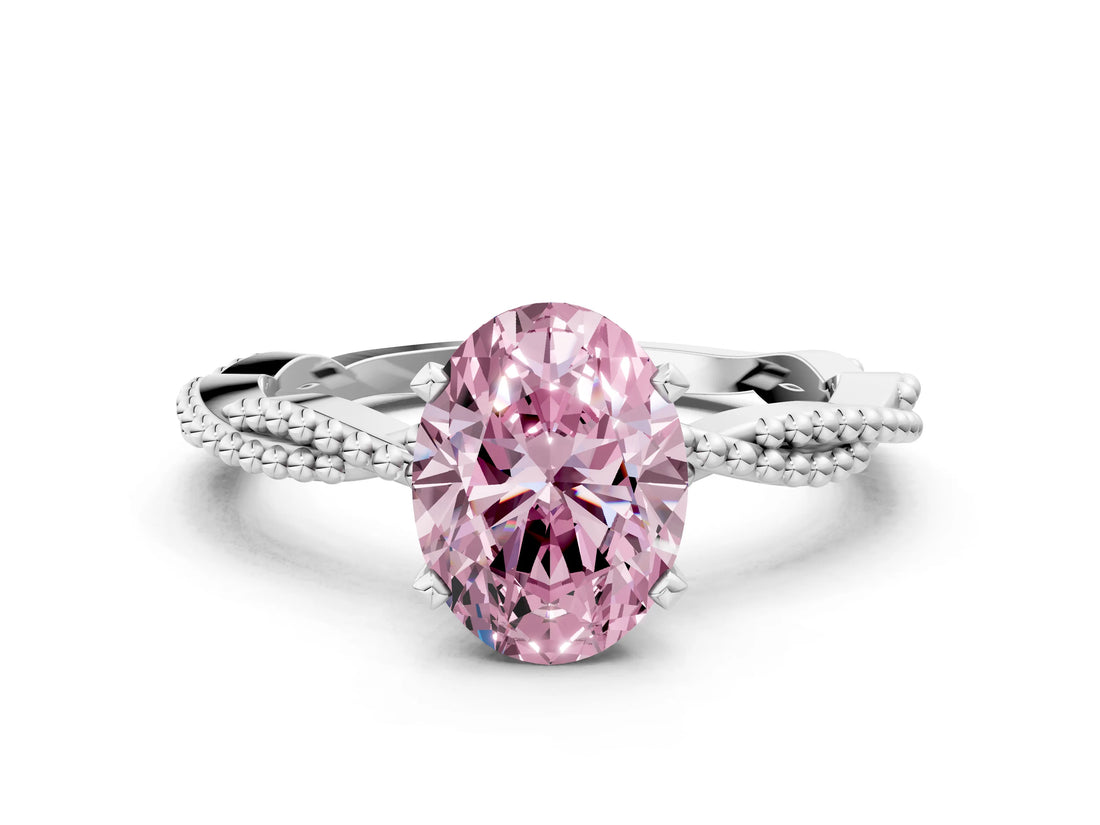 White gold Fancy Pink Oval  Solitaire Twisted Band with Bead Prong Setting_402