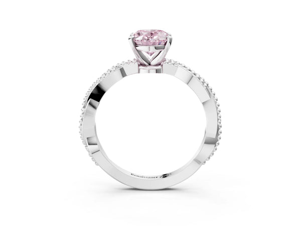 White gold Fancy Pink Oval  Solitaire Twisted Band with Bead Prong Setting