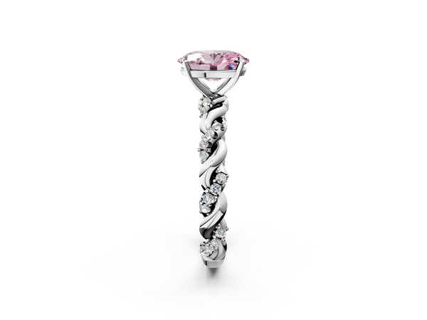 White gold Fancy Pink Oval Cut Diamond Solitaire Ring with Twisted Band and Pavé Accents
