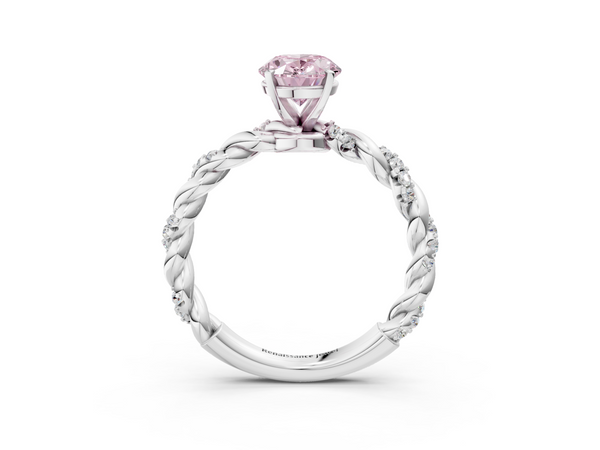 White gold Fancy Pink Oval Cut Diamond Solitaire Ring with Twisted Band and Pavé Accents