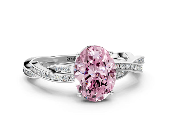 White gold Fancy Pink Oval  Solitaire Twisted Pave Diamond Ring with Four-Prong Setting