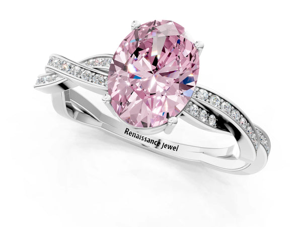 White gold Fancy Pink Oval  Solitaire Twisted Pave Diamond Ring with Four-Prong Setting