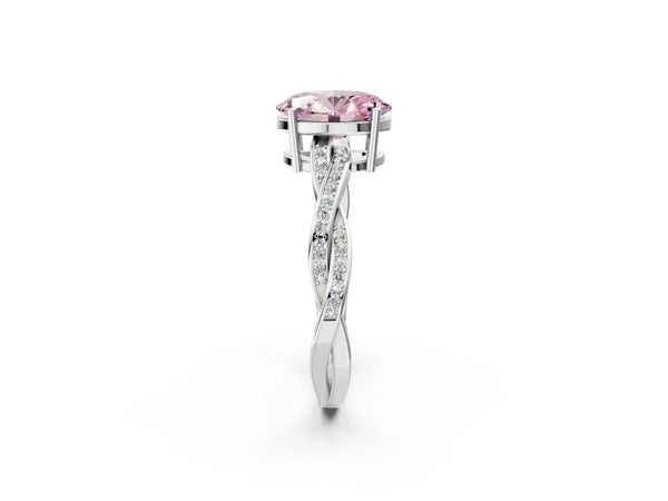 White gold Fancy Pink Oval  Solitaire Twisted Pave Diamond Ring with Four-Prong Setting