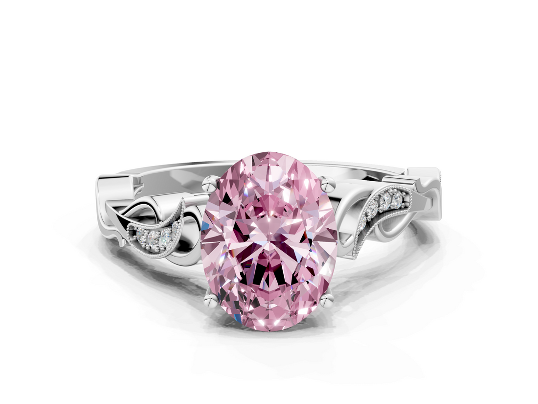 White gold Fancy Pink Oval  Solitaire Vine Band with Milgrain Prong Setting_3