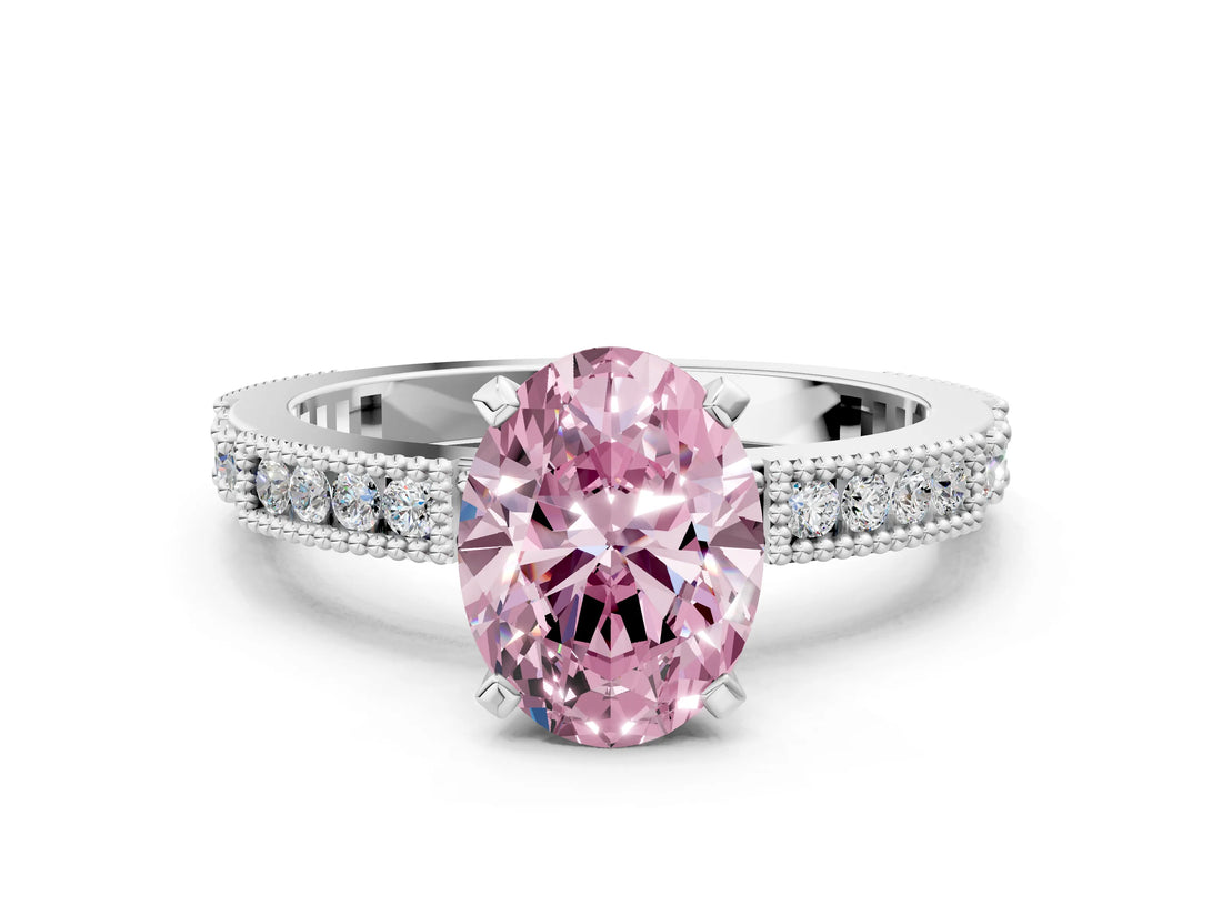 White gold Fancy Pink Oval  Solitaire with Pavé Band and Four-Prong Setting_341