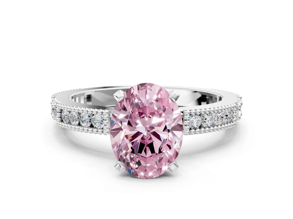 White gold Fancy Pink Oval  Solitaire with Pavé Band and Four-Prong Setting