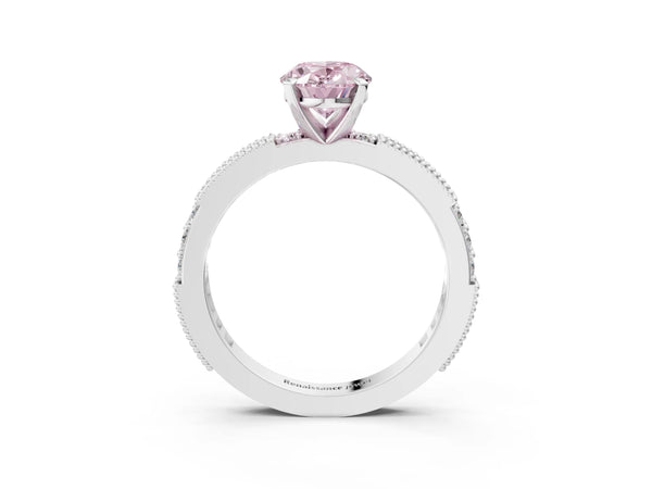 White gold Fancy Pink Oval  Solitaire with Pavé Band and Four-Prong Setting
