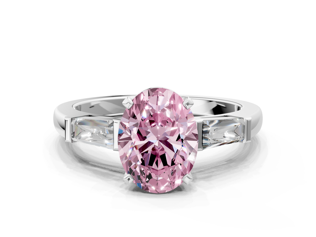 White gold Fancy Pink Oval  Solitaire with Tapered Baguette Side Stones on a Classic Band with Four-Prong Setting_104