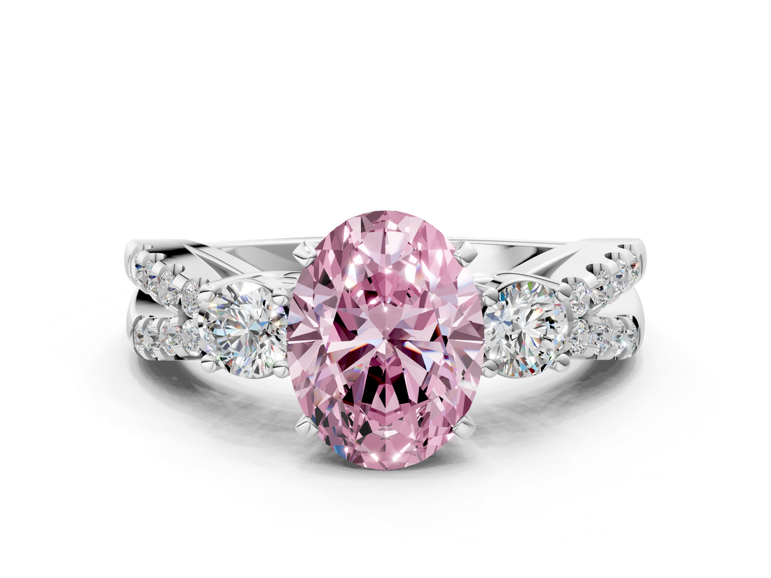 White gold Fancy Pink Oval  Three-Stone Diamond Ring with Pavé Split Shank and Four-Prong Setting_110