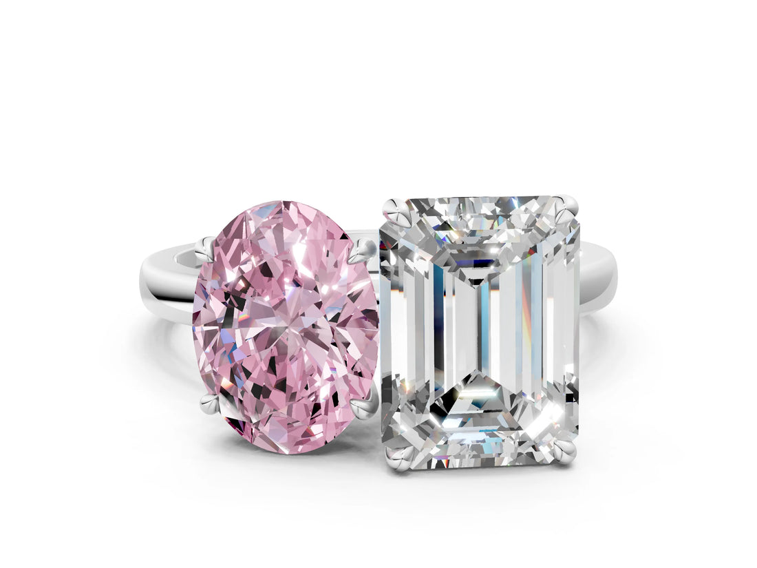 White gold Fancy Pink Oval  and Emerald Cut Toi Moi Ring with Prong Setting_62