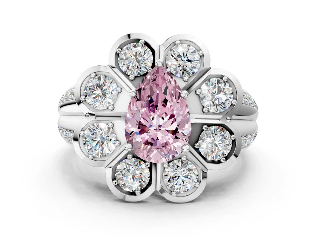 White gold Fancy Pink Pear  Brilliant Flower Halo Diamond Split Shank Ring_94