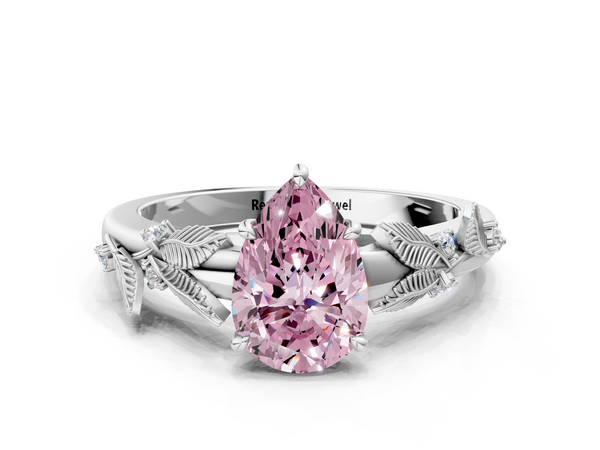 Platinum Fancy Pink Pear Cut Diamond Solitaire Ring with Leaf Motif Band and Four-Prong Setting