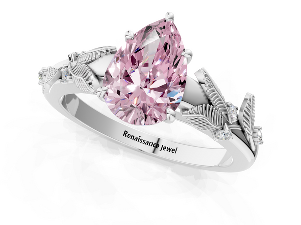 Platinum Fancy Pink Pear Cut Diamond Solitaire Ring with Leaf Motif Band and Four-Prong Setting