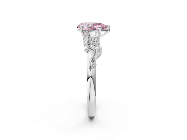 Platinum Fancy Pink Pear Cut Diamond Solitaire Ring with Leaf Motif Band and Four-Prong Setting