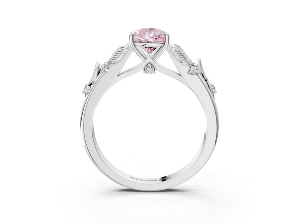 Platinum Fancy Pink Pear Cut Diamond Solitaire Ring with Leaf Motif Band and Four-Prong Setting