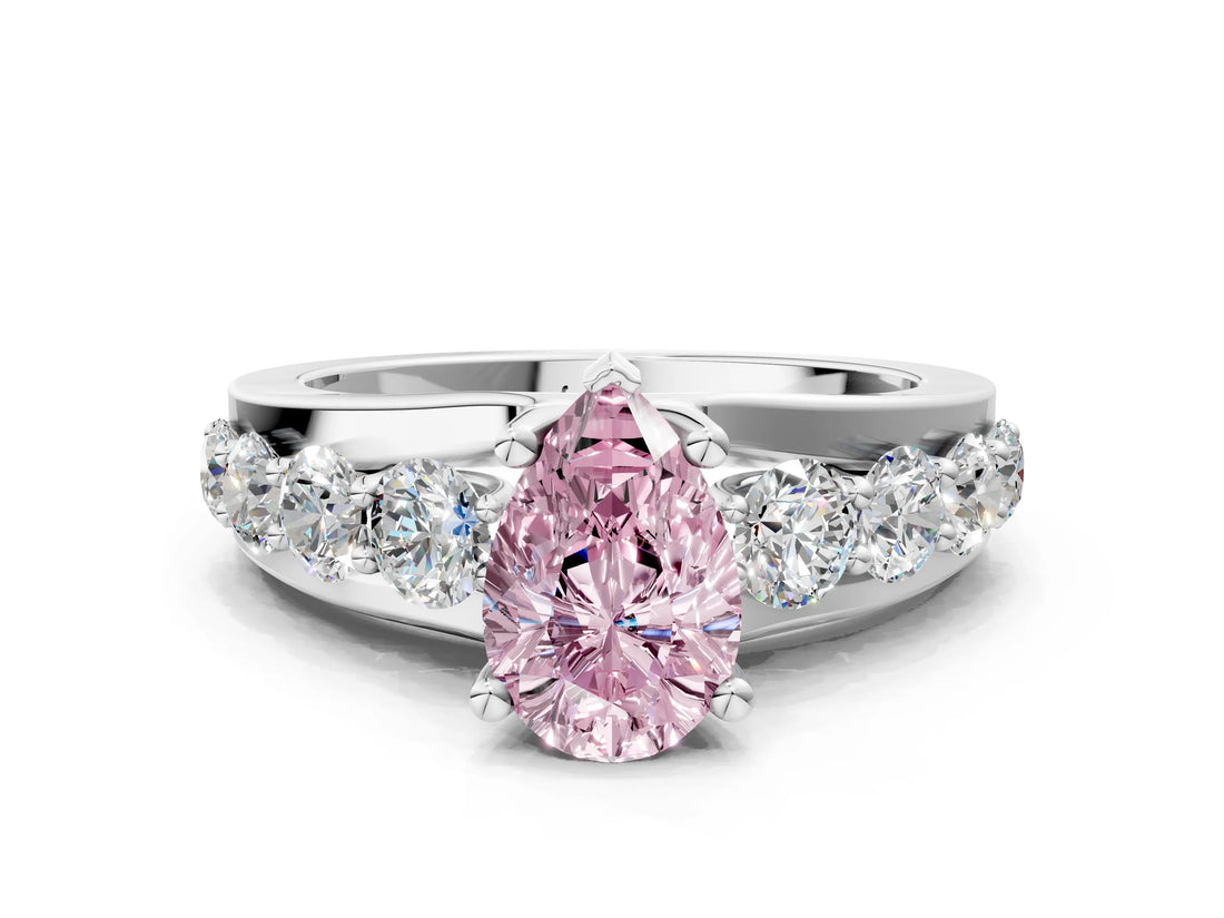 White gold Fancy Pink Pear  Brilliant Solitaire with Side Stones on a Pave Band and Four-Prong Setting_100
