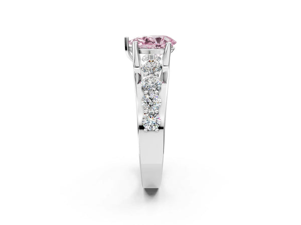 White gold Fancy Pink Pear  Brilliant Solitaire with Side Stones on a Pave Band and Four-Prong Setting