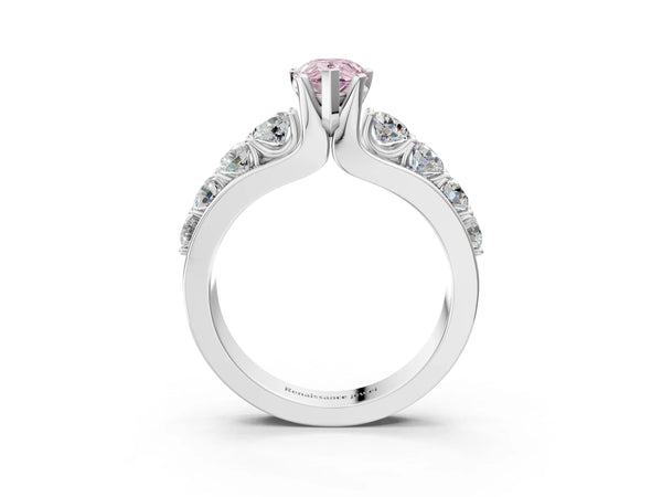 White gold Fancy Pink Pear  Brilliant Solitaire with Side Stones on a Pave Band and Four-Prong Setting