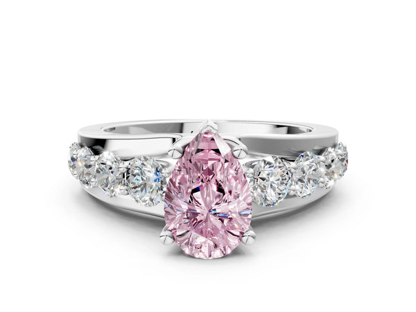 White gold Fancy Pink Pear  Brilliant Solitaire with Side Stones on a Pave Band and Four-Prong Setting