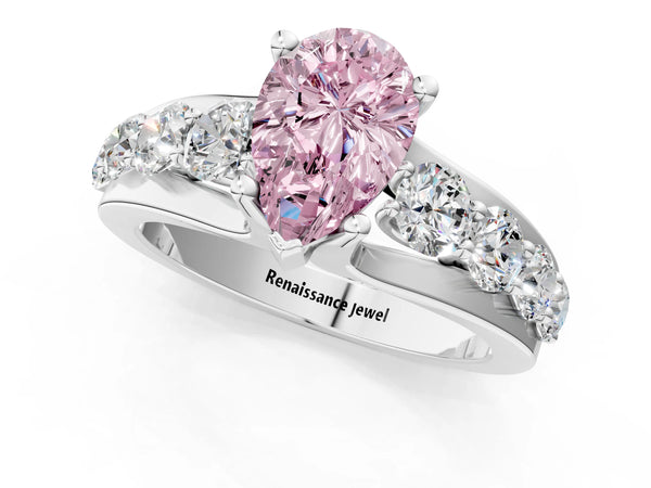 White gold Fancy Pink Pear  Brilliant Solitaire with Side Stones on a Pave Band and Four-Prong Setting