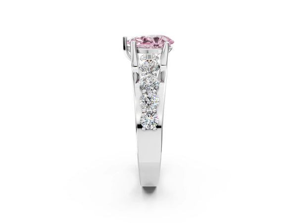 White gold Fancy Pink Pear  Brilliant Solitaire with Side Stones on a Pave Band and Four-Prong Setting
