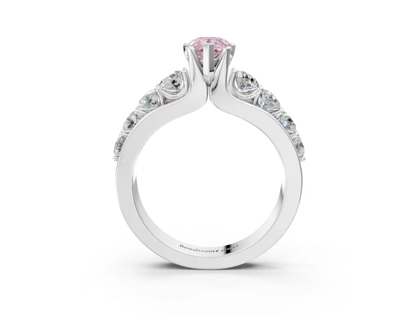 White gold Fancy Pink Pear  Brilliant Solitaire with Side Stones on a Pave Band and Four-Prong Setting