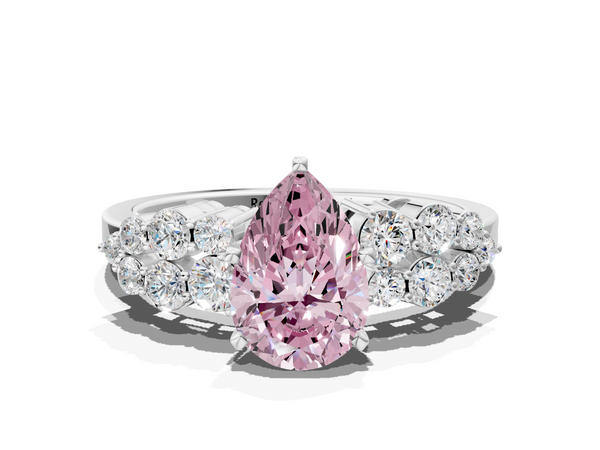 Platinum Fancy Pink Pear  Cluster Diamond Engagement Ring with Pavé Band and Four-Prong Setting