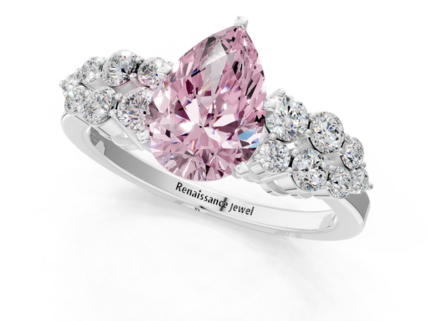 Platinum Fancy Pink Pear  Cluster Diamond Engagement Ring with Pavé Band and Four-Prong Setting