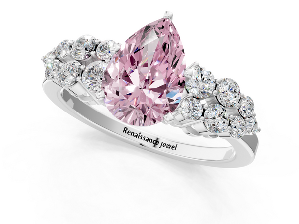 Platinum Fancy Pink Pear  Cluster Diamond Engagement Ring with Pavé Band and Four-Prong Setting