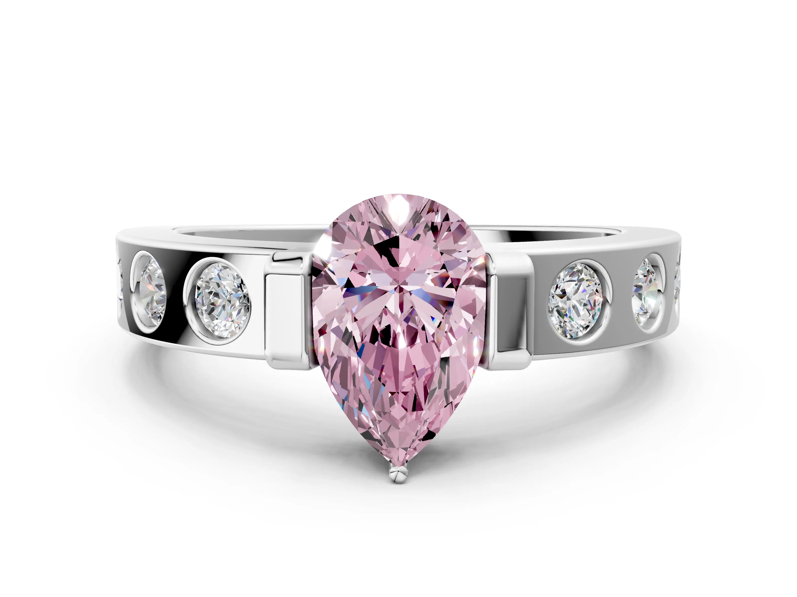 White gold Fancy Pink Pear Cut Brilliant Channel-Set Diamond Ring with Bezel Prong Setting