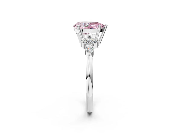 White gold Fancy Pink Pear Cut Brilliant Diamond Solitaire Ring with Pear Side Stones and Four-Prong Setting