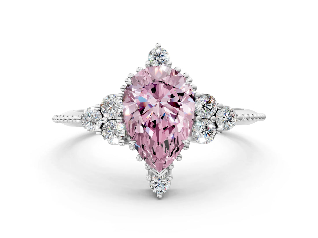 White gold Fancy Pink Pear Cut Brilliant Diamond with Cluster Setting on a Beaded Band and Four-Prong Setting_24
