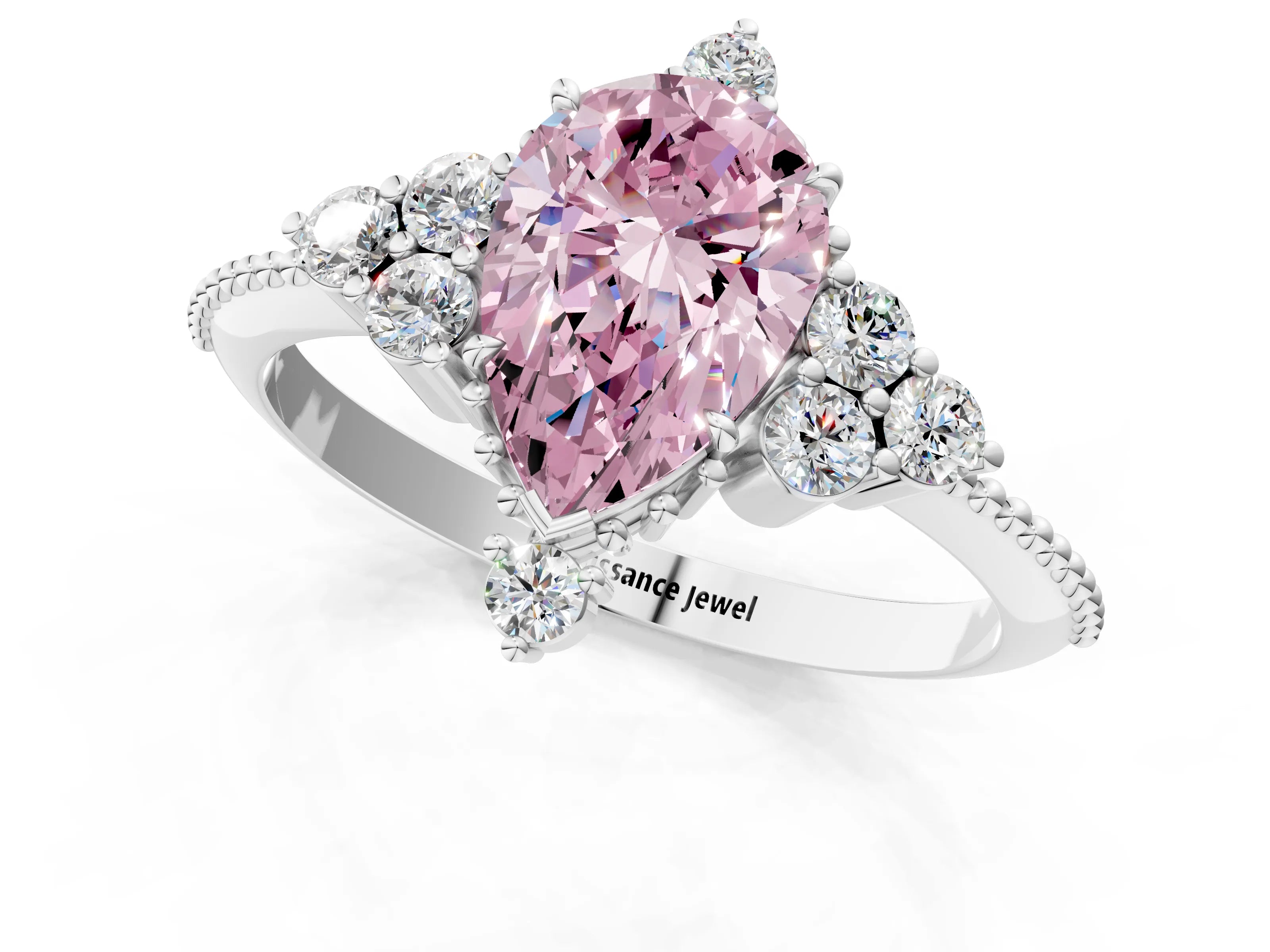 White gold Fancy Pink Pear Cut Brilliant Diamond with Cluster Setting on a Beaded Band and Four-Prong Setting_25