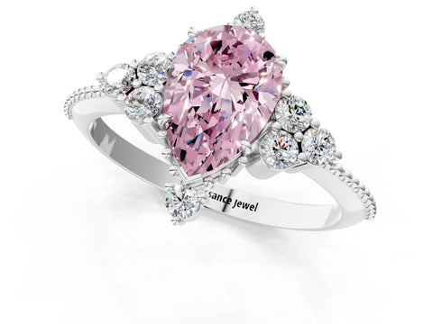 White gold Fancy Pink Pear Cut Brilliant Diamond with Cluster Setting on a Beaded Band and Four-Prong Setting_25
