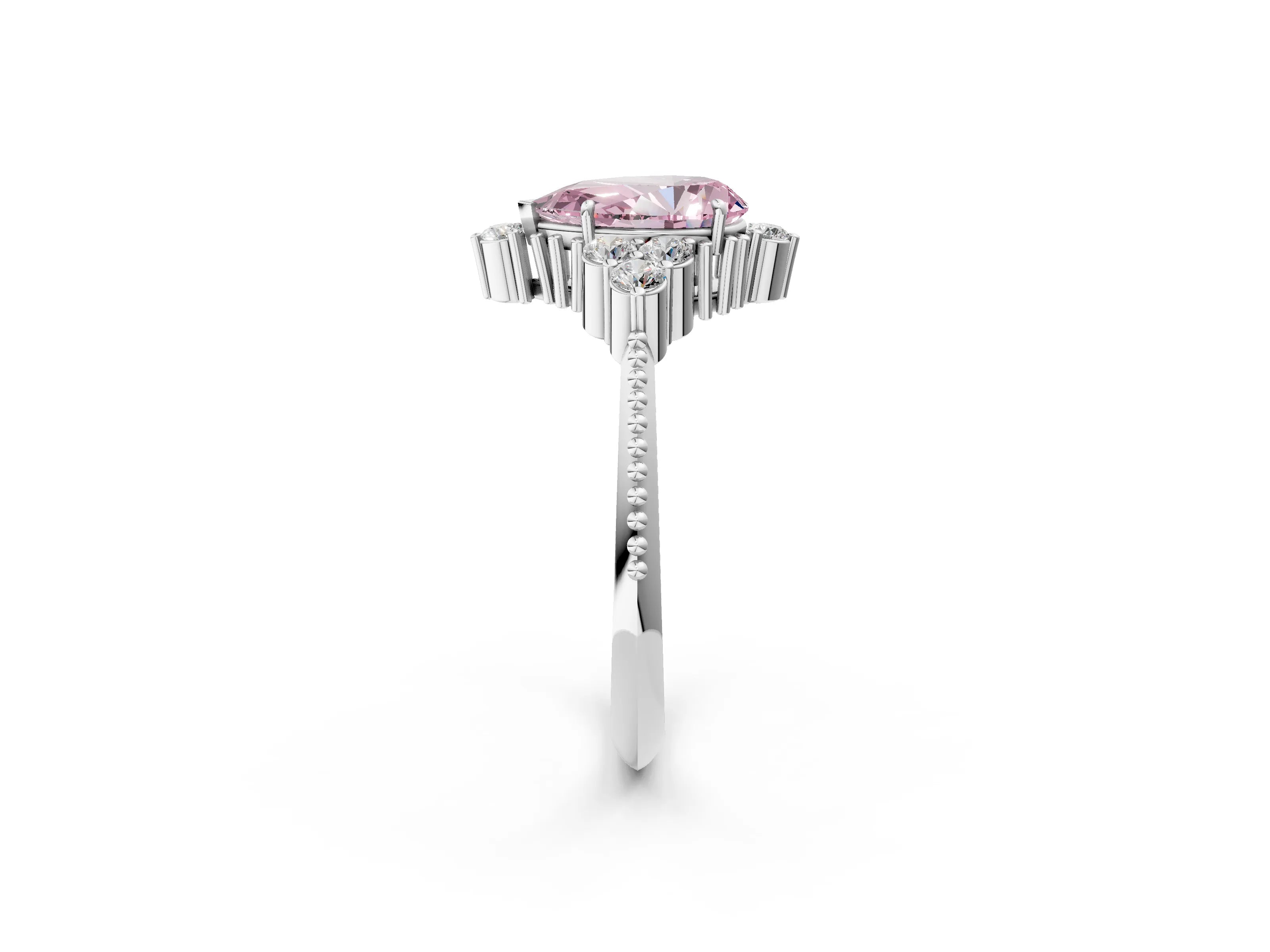White gold Fancy Pink Pear Cut Brilliant Diamond with Cluster Setting on a Beaded Band and Four-Prong Setting_26