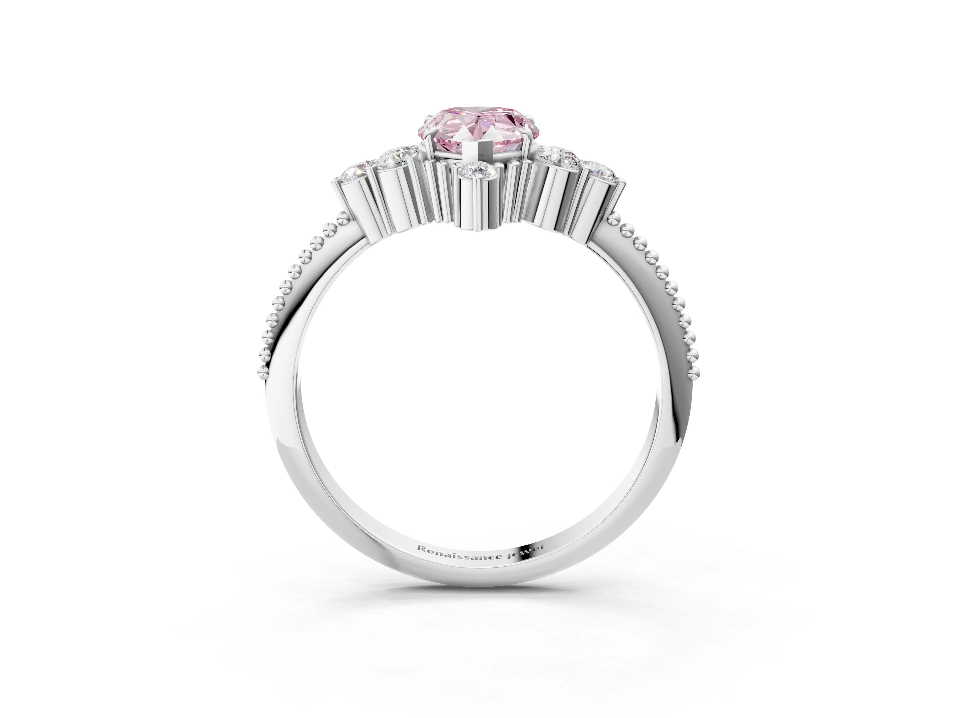 White gold Fancy Pink Pear Cut Brilliant Diamond with Cluster Setting on a Beaded Band and Four-Prong Setting_27