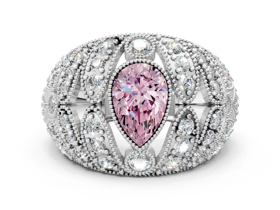 White gold Fancy Pink Pear Cut Brilliant Halo Pave Diamond Milgrain Ring