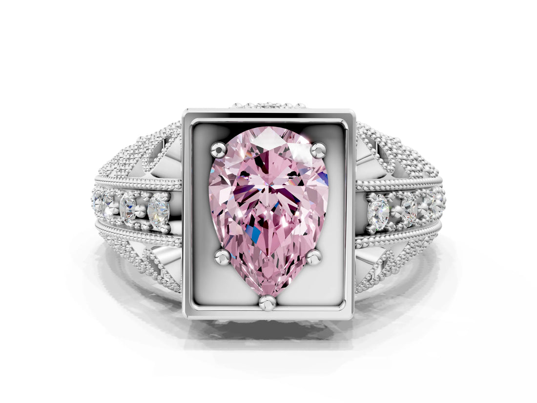 White gold Fancy Pink Pear Cut Brilliant Milgrain Filigree Diamond Ring with Square Prong Setting