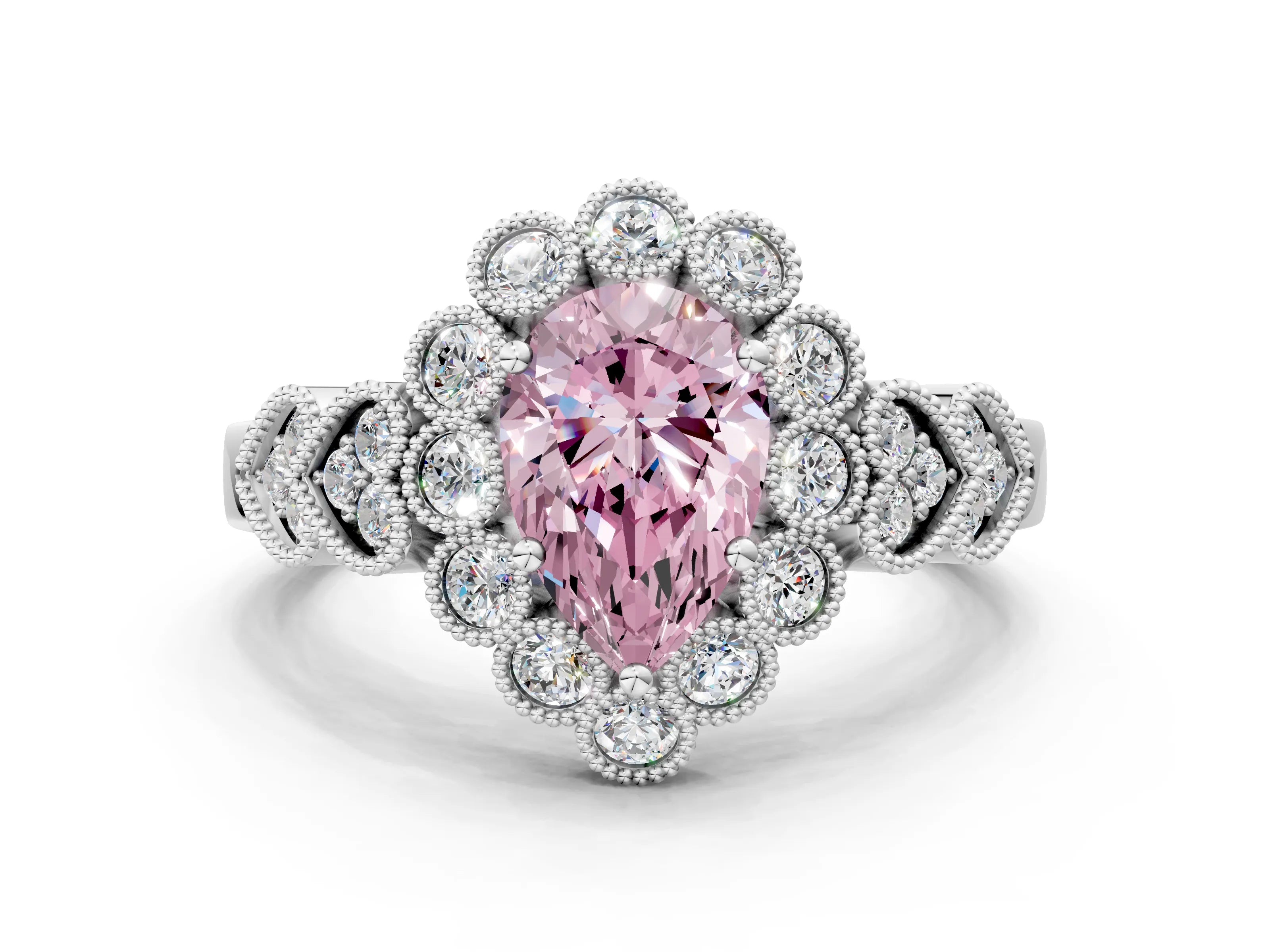 White gold Fancy Pink Pear Cut Brilliant Milgrain Pave Heart Band Solitaire Ring_12