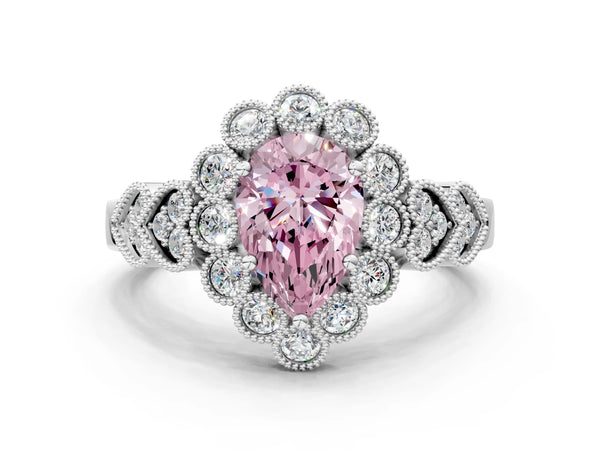 Platinum Fancy Pink Pear Cut Brilliant Milgrain Pave Heart Band Solitaire Ring
