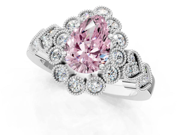 Platinum Fancy Pink Pear Cut Brilliant Milgrain Pave Heart Band Solitaire Ring