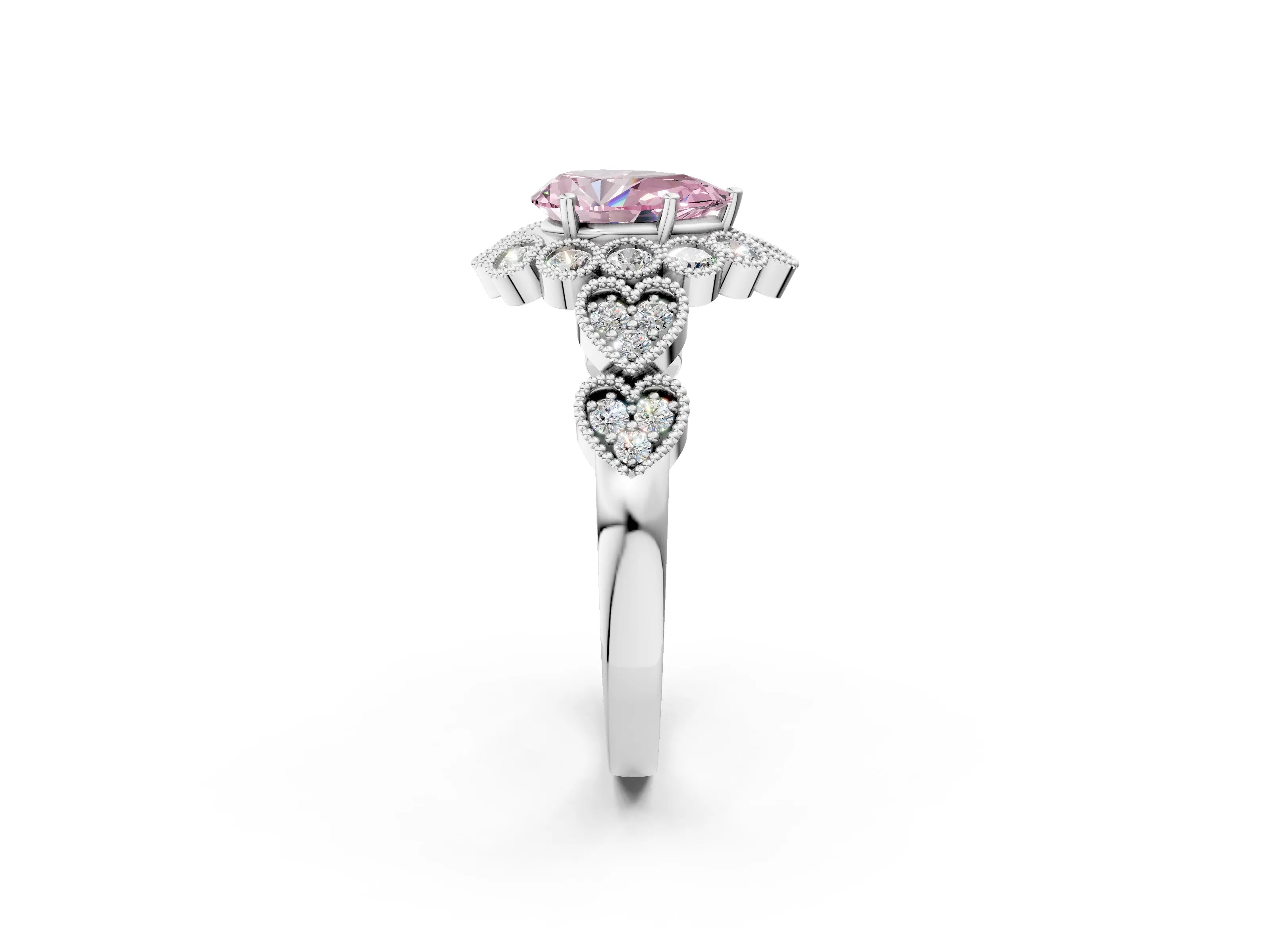 White gold Fancy Pink Pear Cut Brilliant Milgrain Pave Heart Band Solitaire Ring_14